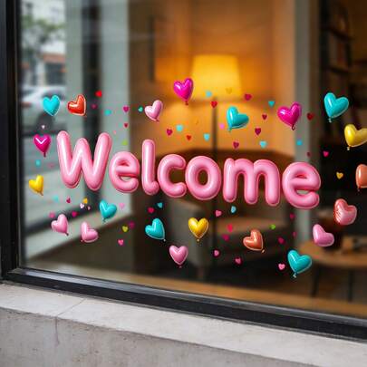 1/4 قطع ملصقات نافذة ملونة ترحيبية، بشكل بالونات مزينة بقلوب وزهور صغيرة، لا تحتاج إلى غراء وهي خيار مثالي لديكور مداخل المتاجر والمنازل.