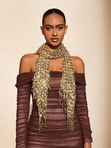 Golden Sparkle Fringe Scarf Party,School - 金子 - 查看 4