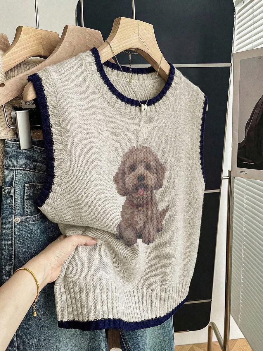 秋冬新款圆领无袖女式背心，可爱棕色贵宾犬/泰迪狗图案，撞色羊毛针织滚边卡其色背心，学生休闲宽松针织上衣，女士日常外套，毕业季夏季穿搭 - 卡其色 - 查看 1