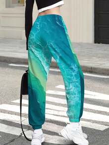 Women's Ocean Wave Pattern Joggers For Men And Women | Turquoise Blue Teal Green Coastal Graphic Sweats For Summer Beach Vacation | Comfortable Beach Outfit Cuffed Sweatpants Sleeves For Women Joggers | Stylish Unisex Yoga Lounge Pants - Multicolor - View 3