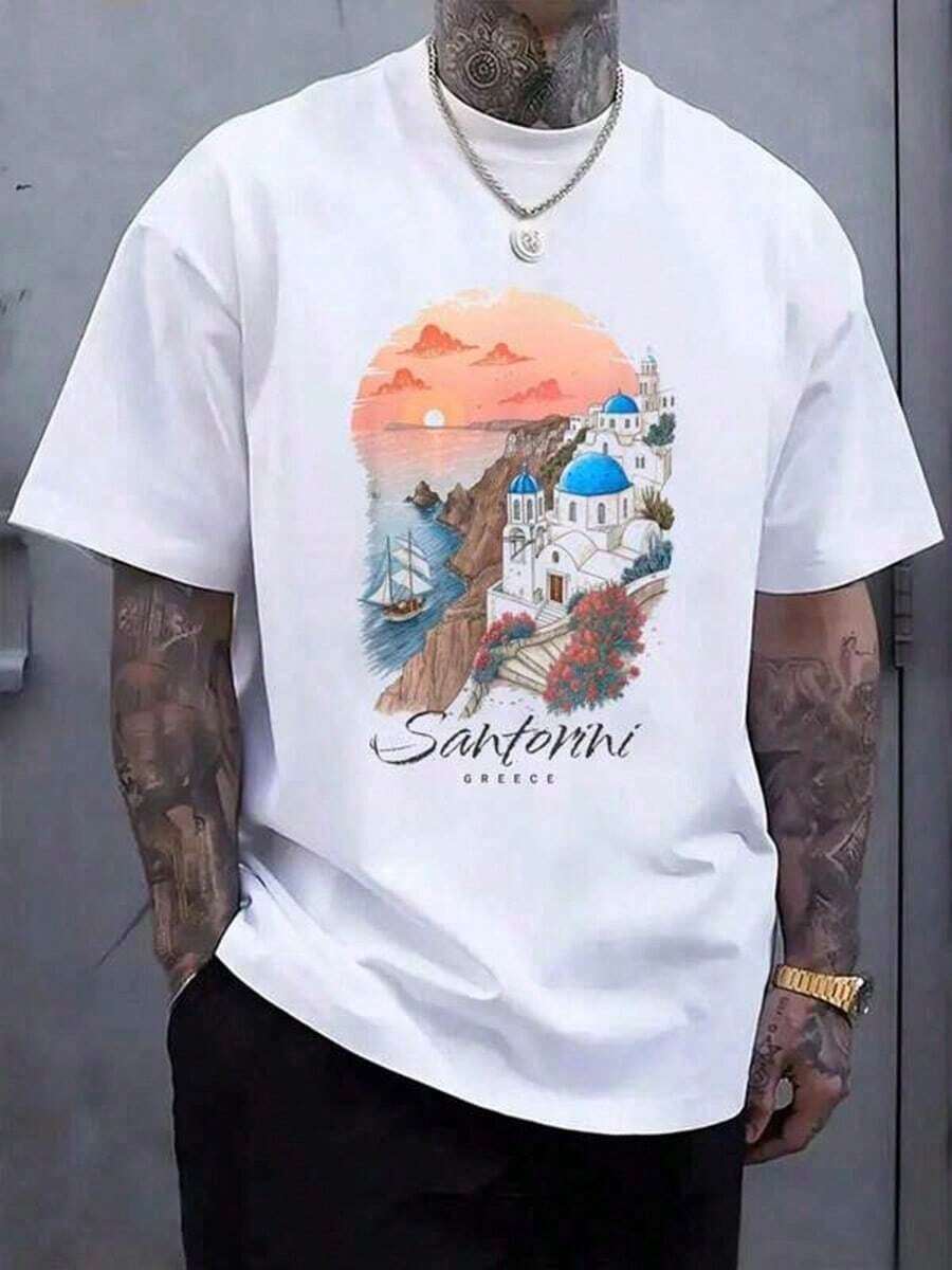 % Cotton Men Graphic Shirt Santorini Greece Sunset Greek Island Art Souvenir-Shirt Street Life Vintage Shirts Back To School Graphic Tees Men Camisas Para Hombre Funny Shirts Halloween Tops Printed - trắng - Xem 1