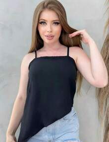 Women's Asymmetrical Blouse, Modern Dune Style, Diagonal Hem, Thin Straps, - 黑色 - 查看 2