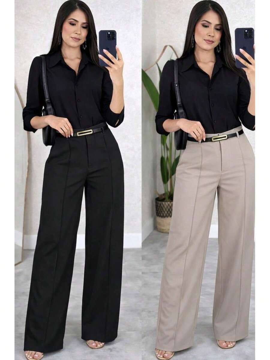 Kit Of 2 Women's Tailored Wide Leg Pants With Belt - Black / Beige - View 1