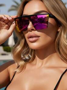 1pc Square Large Frame Rivet Rimless Mercury Color Unisex Fashion Glasses - Purple - View 2