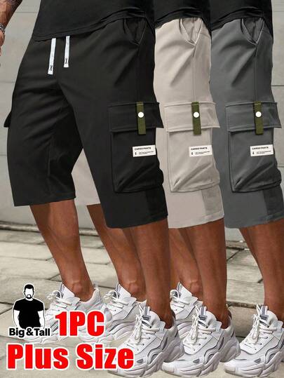 Plus Size Men's Summer Versatile Cargo Capri Pants, Drawstring Waist, Large Pockets, Letter Patch, Casual Sports Trousers Suitable For Daily Wear Black