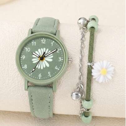 两件套，女士优雅腕表，女士石英表，精致花卉刻度，花卉手链，适合日常佩戴和装饰，休闲、派对、节日、生日、晚宴等场合，或作为节日礼物、母亲节礼物。
