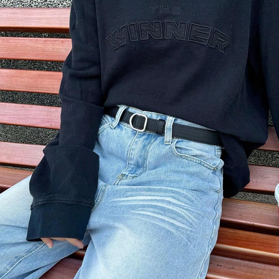 女士腰带，椭圆形紧凑合金扣，休闲无孔设计，适合搭配牛仔裤 - 黑色 - 查看 1