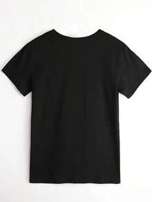 LUNE T-Shirt With Letter And Heart Print And Round Neck - 黑色 - 查看 2