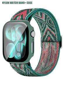 二合一尼龙运动表带及表壳，兼容40mm、41mm、42mm、44mm、45mm、46mm和49mm尺寸的表带和表壳。柔软、透气、弹性十足的运动表带。防震防刮的PC材质和钢化玻璃二合一表壳。兼容男女款 Ultra/11/10/9/8/7/6/5/4/SE。佩戴舒适，触控灵敏。 - 綠間粉 - 查看 1