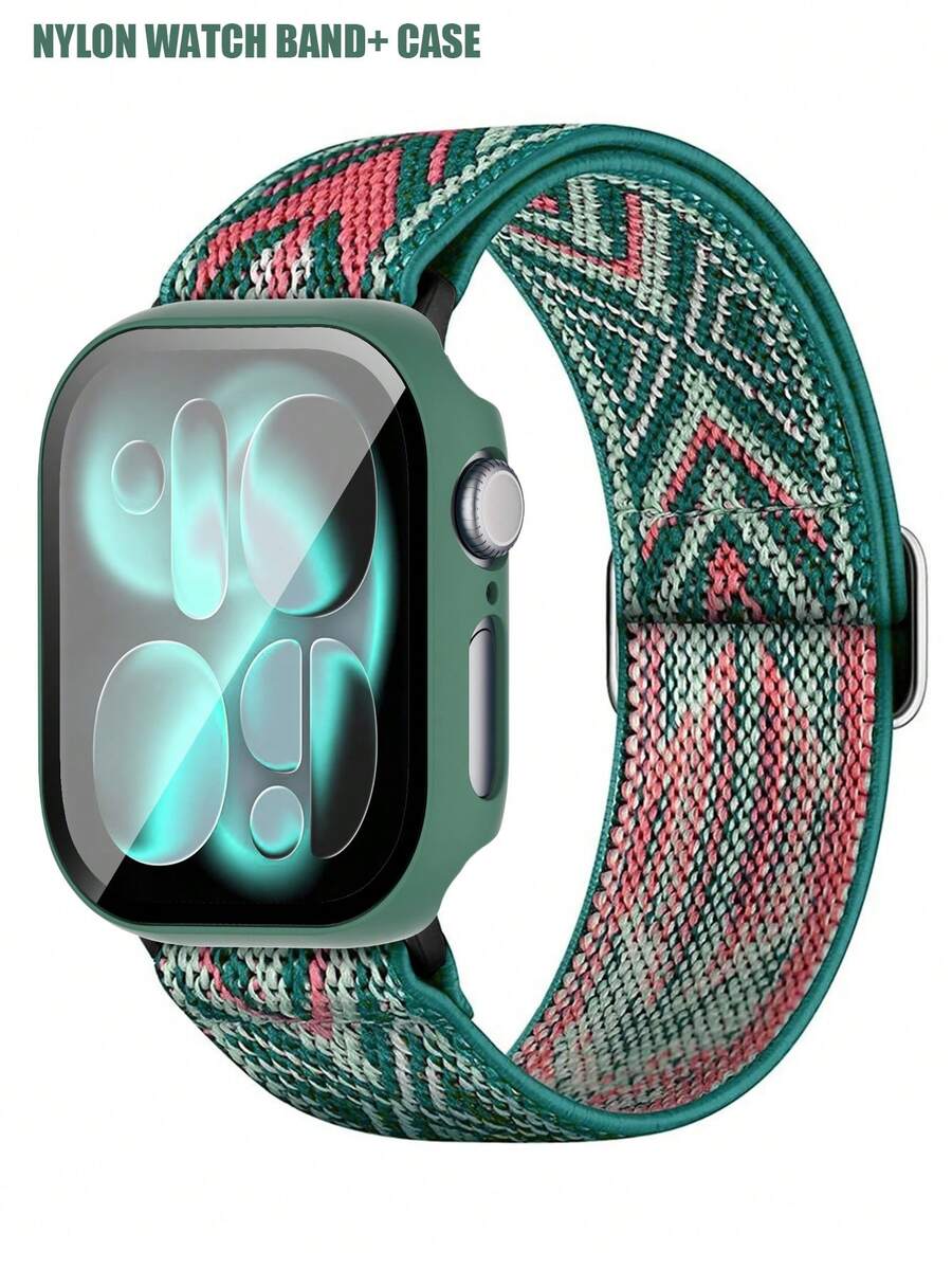 二合一尼龙运动表带及表壳，兼容40mm、41mm、42mm、44mm、45mm、46mm和49mm尺寸的表带和表壳。柔软、透气、弹性十足的运动表带。防震防刮的PC材质和钢化玻璃二合一表壳。兼容男女款 Ultra/11/10/9/8/7/6/5/4/SE。佩戴舒适，触控灵敏。 - 綠間粉 - 查看 1