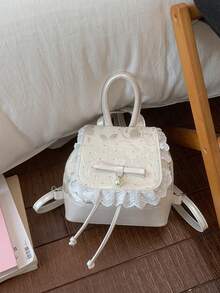 Cute Bow Lace Strap Girly Feeling Backpack, Elegant Small Backpack - Beige - View 4