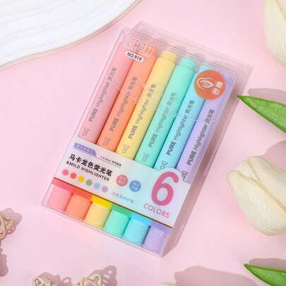 6pcs Fluorescent Highlighter Pens, Macaron Colors, Large Capacity Graffiti Markers, Colorful Handmade DIY Stationery