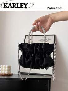 Fashionable Women's Small Bag, Minimalist Pleated Chain Shoulder Handbag - Black - View 10