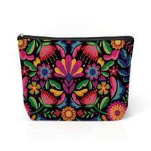 1个饰有墨西哥大丽花图案的化妆包，大容量便捷多功能零钱包，拉链封口，可折叠设计，适合日常使用和旅行，小巧精致的礼品 - 彩色 - 查看 8