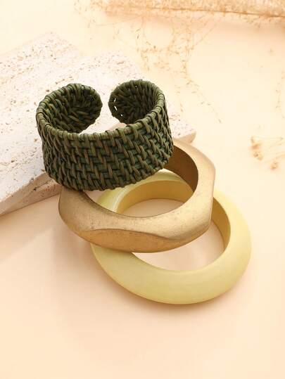 3pcs Rattan & Wood Contrast Color Relaxed Bracelet Set, Bohemian Style Vacation Wristband, Natural Niche Accessories Suitable For Beach Vacation, Countryside Outing, Artisan Market, Commuting, Girlfriend Dates, Forestry / Retro / Vacation Outfits
