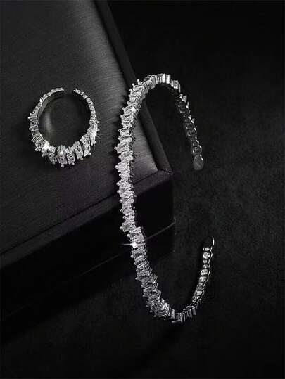 2件套时尚立方氧化锆不对称装饰戒指和手链套装