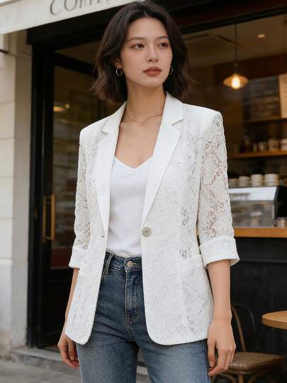 2026 Spring/Summer New Casual White Lace Blazer Jacket For Women, 3/4 Sleeve, Hollow-Out Design