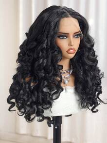 Peruca Ondulada Profunda de 20 Polegadas, Peruca de Renda T-Part 13*5*1 com Cabelo de Bebê, Fibra Japonesa, Tela Elástica, Cor Preta para Uso Diário, Reuniões Familiares, Festivais, Festas, Mulheres - Preto - Visão 3