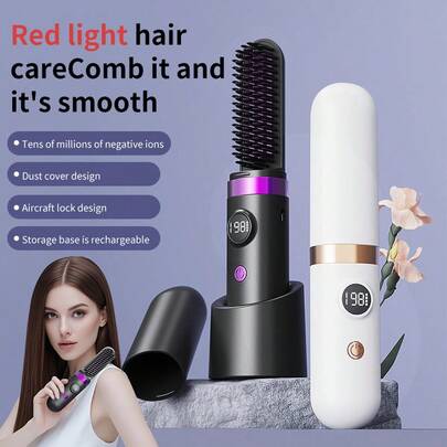 New USB Rechargeable Straightening Comb,Wireless Portable Hair Straightener Hair Care,2 In-1 Hair Straightener, Overheat Protection Function, LED Digital Display Screen And 4000mAh Batteries, Suitable For Use At Home, In Dormitories, Or While Traveling Or On Vacation, As A Holiday Gift