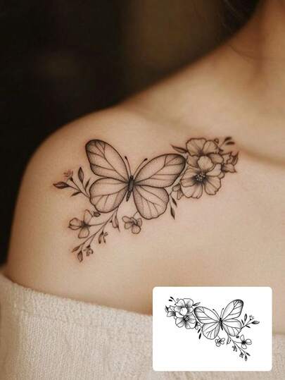 1pc 7-14 Days Lasting Temporary Tattoo Sticker, Minimalist Abstract Mysterious Floral Butterfly Design Hand Tattoo, Waterproof Stylish Temporary Tattoo Sticker Suitable For People