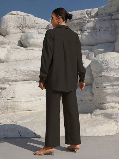 Elegante conjunto de dos piezas de color sólido para mujer de talla grande, estilo casual de primavera y otoño, con cárdigan de manga larga.