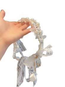1pc French Elegant Lace Faux Pearl Crystal Ribbon Headband, Fashionable For Wedding, Photo Shoot, Graceful New Design Hair Accessory Summer Outfits Summer Beach Hair Bands - White - View 5