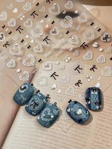1 Piece Of 5D Relief Nail Art Sticker, Exquisite Bow, Heart-Shaped Pearl, Self-Adhesive Nail Sticker, DIY Nail Design - Multicolor - View 1