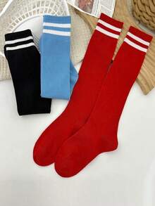 1 Pair Youth Soccer Sports Socks For Boys And Girls, Sweat-Absorbent Breathable Striped Knee-High Socks, Polyester And Spandex Blend, Knitted Fabric, Suitable For 8-15 Years Old, All Seasons - Multicolor - View 10
