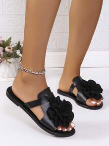 女士圆头平底凉鞋，饰有3D立体花卉图案，露趾套脚穆勒鞋，夏季度假风休闲沙滩拖鞋，纯色 - 黑色A - 查看 4