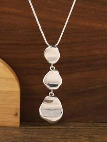 1 Pc Fashionable And Minimalist Asymmetrical Geometric Alloy Pendant Long Necklace, Timeless Handmade Bohemian Pendant Necklace, Fashionable And Durable Item Suitable For Both Men And Women, Elegant And Retro Charm, Suitable For Daily Wear - 銀色 - 查看 4
