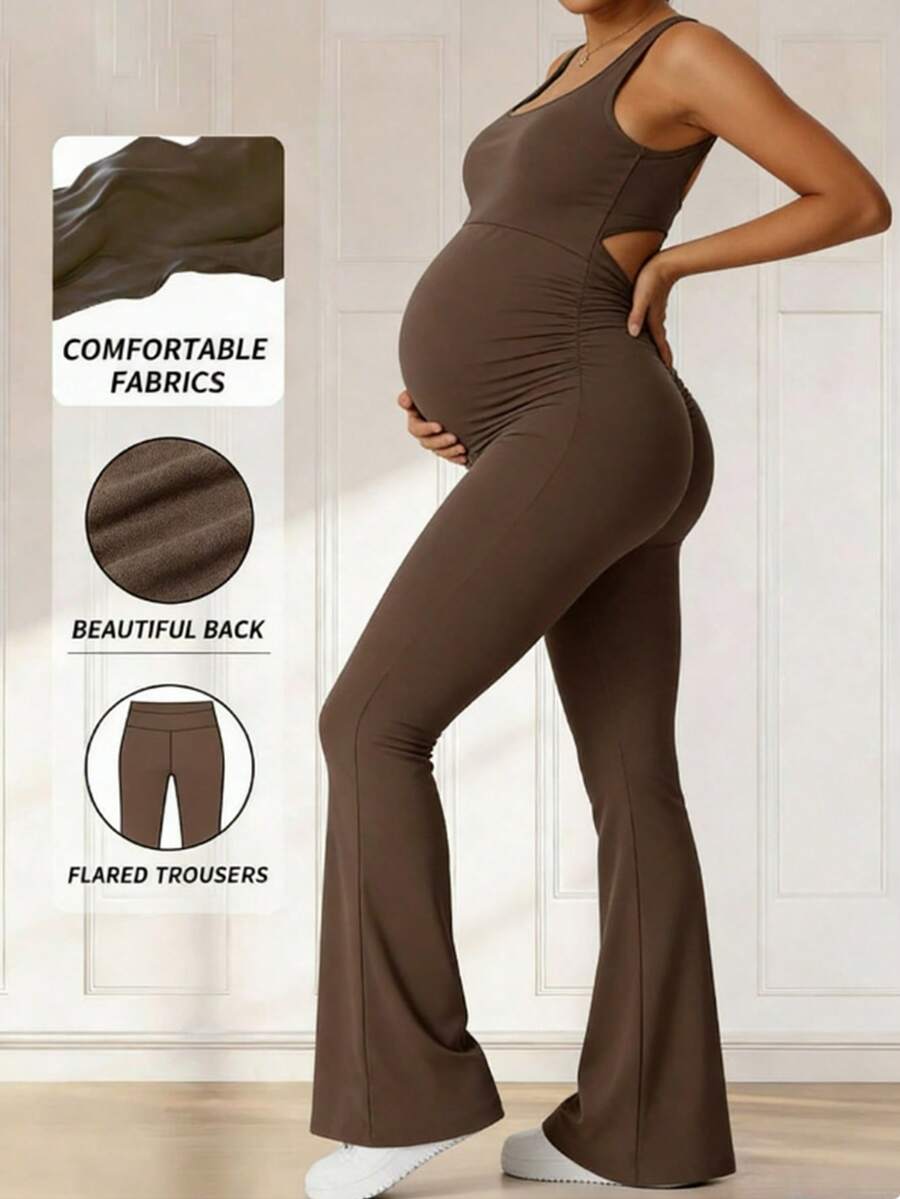 Parara Maternity Jumpsuit Pants & Camisole, High Elasticity Comfortable & Fashionable Maternity Romper - Brown - View 1
