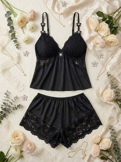 SOFUSEN 加大码蕾丝吊带睡衣套装，性感短裤，休闲碎花睡衣，修身常规长度，四季皆宜