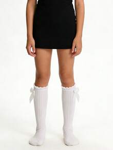 6 Pairs Girls Solid Color Bowknot Decor Ribbed Mid-Calf Knee-High Socks, Versatile Daily Wear For JK Style - Multicolor - View 6