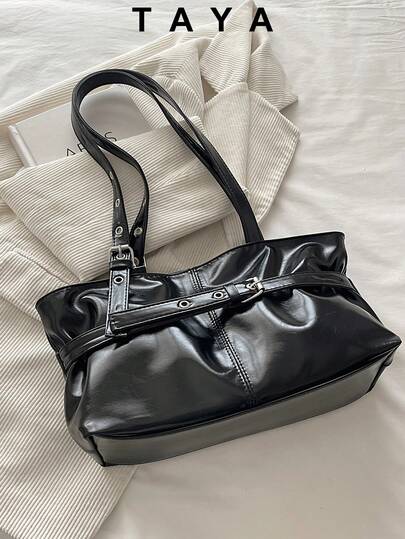 1 st vintage tygväska med stor kapacitet, överdimensionerad pendlingsväska för armhålor, moderiktig motorcykelväska, PU enfärgat oljat vaxat läder, remdekor, dragkedja, damaxelväska för arbete/skola/resor/present, bästa valet för dagligt bruk