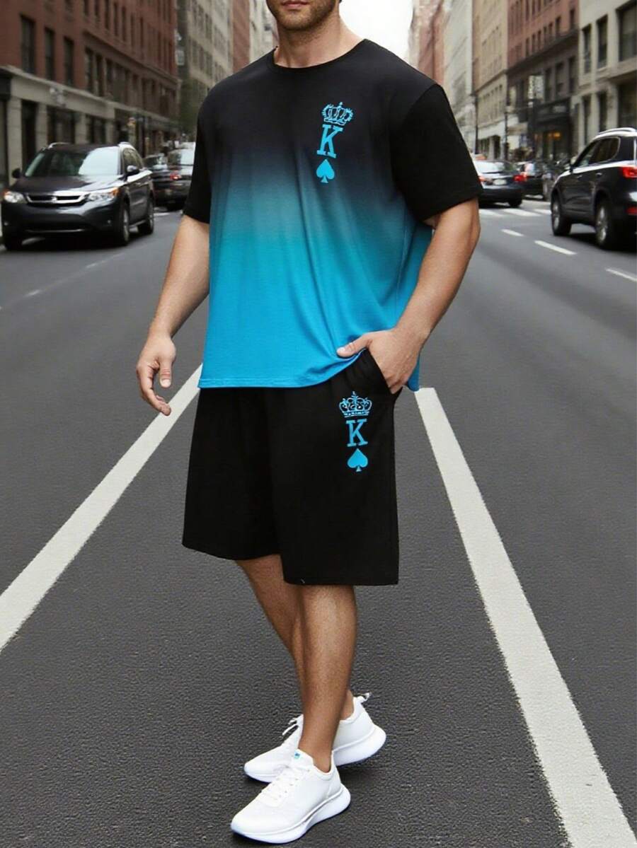 [AICJ Ropa de dormir] Conjunto de 2 piezas de ropa de dormir casual para hombre, camiseta con gráfico de corona y corazón de naipe y pantalón corto de pijama, adecuado para primavera y verano, azul claro fresco