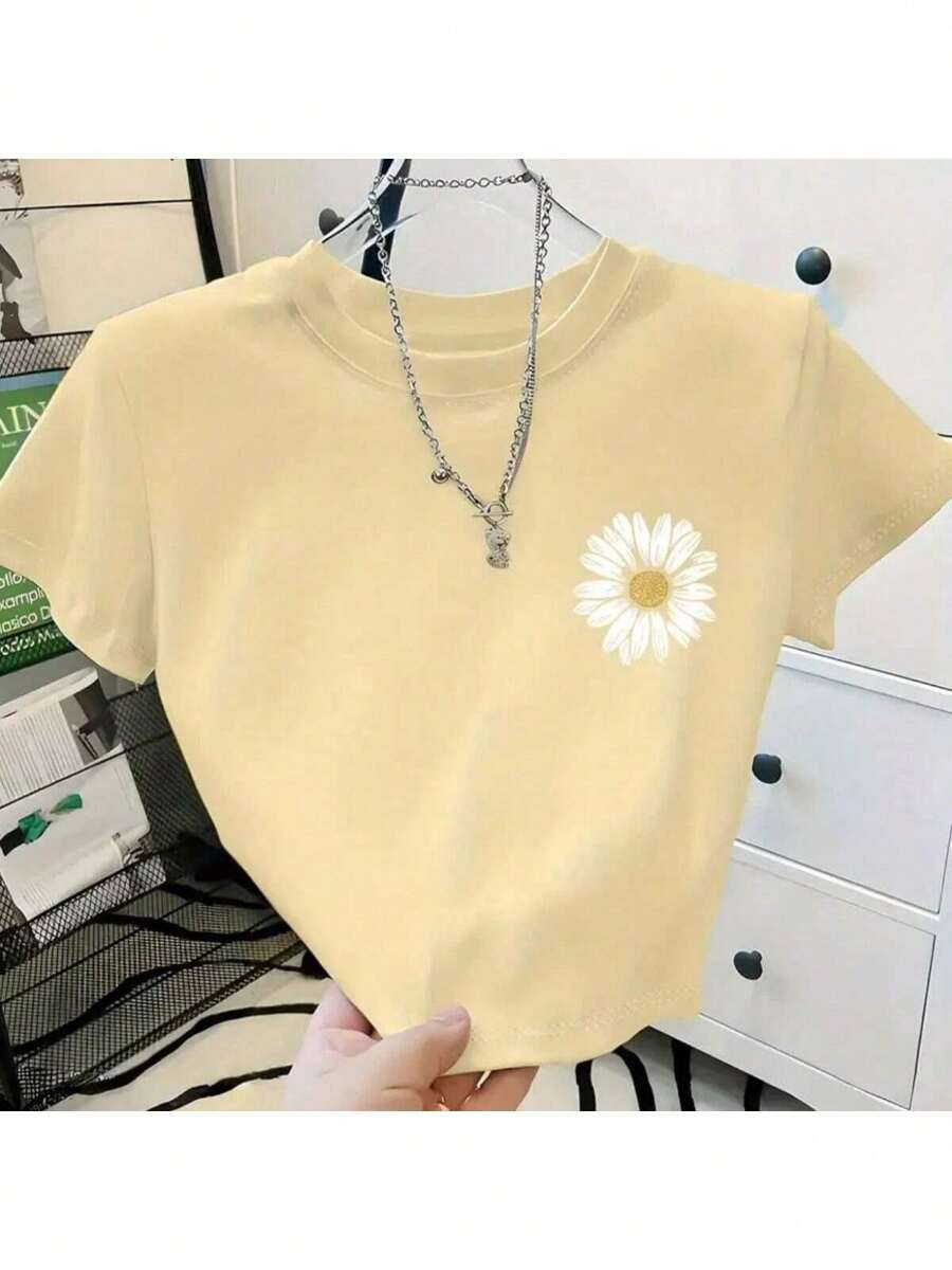 Women's Round Neck Cropped T-Shirt In Cotton Fabric Summer Flower Launch Light And Modern - 米色 - 查看 1