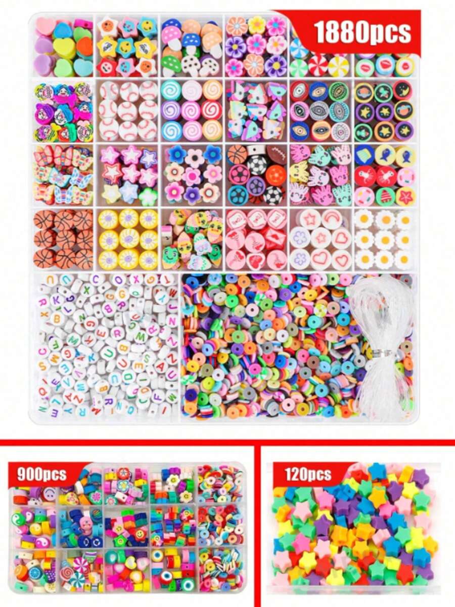 120pcs/900pcs/1880pcs Cartoon Cute Polymer Clay Beads Bracelet Jewelry Making Kit, For DIY Handmade Bracelets, Necklaces, Earrings, Phone Straps, Keychains, Bag Charms, Various Pendant Decorations, Jewelry Crafting (Random Colors & Styles) - Multicolor - View 1