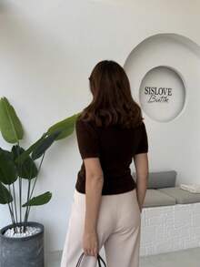 女士休闲针织短袖套头毛衣 - 巧克力棕 - 查看 3