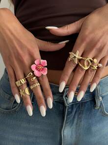 8件套波西米亚海洋风海星贝壳吊坠戒指套装，女士珠宝配饰 - 金色 - 查看 3