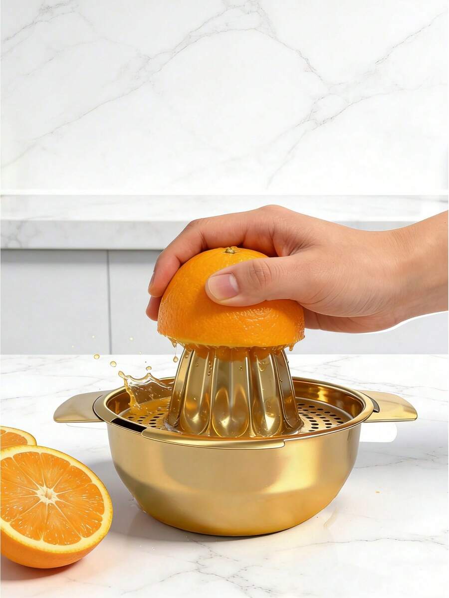MiLaiWP 1 件金色不锈钢手动榨汁机，手持式水果柠檬橙子榨汁机，紧凑便携设计 - 金色 - 查看 1