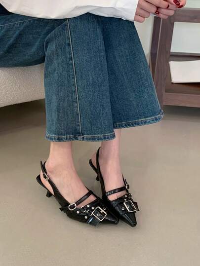 尖头高跟鞋，独特设计朋克风金属扣包头凉鞋，性感女士细高跟鞋，适合春夏穿着