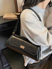 女士极简主义小众通勤腋下包，春夏新款时尚复古百搭斜挎法棍包 - 黑色 - 查看 5