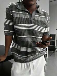 Men's Hollow Out Semi-Sheer Striped Knit Short Sleeve Polo Shirt, Comfortable Breathable Lightweight Knit Top For Casual Wear, Suitable For Vacation And Valentine's Day - 深灰色 - 查看 5