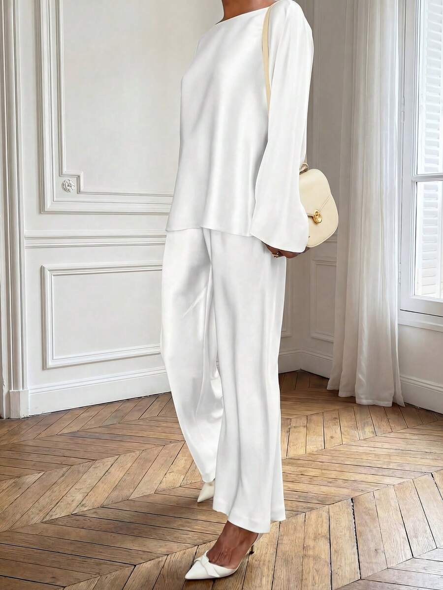 2pcs/Set Elegant Commuting & Casual Vintage Coin Pattern Silk-Like Satin Texture Women Outfit White Spring - White - View 1