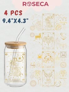 12款十二星座UV DTF转印贴纸，适用于16盎司Libbey玻璃杯（尺寸：9.4x4.3英寸），无需加热，所有星座图案均为金色星空女神占星图，防水可移除贴纸，DIY个性化生日礼物 - Zodiac 03 - 查看 9