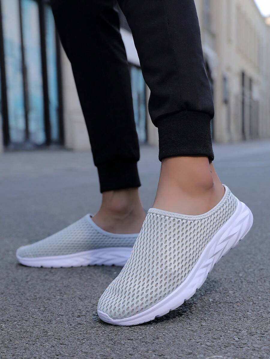 Men's Summer Slip-On Mule Sandals Men's Summer One-Piece Backless Slippers New Mesh Breathable Beach Shoes - Ash - View 1