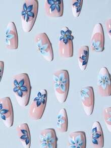 24pcs Almond Shaped 3D Gel White French Manicure Nail Stickers, Suitable For Acrylic Fake Nails Set, Includes 1 Glue And 1 Nail File, Suitable For Summer, Suitable For Women And Girls For Daily Work, Study And Party Use - Blue - View 2