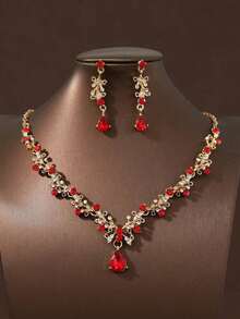 3-Piece Women's Bridal Wedding Necklace And Earrings Jewelry Set, Elegant Accessories For Weddings And Parties - Màu đỏ với nền vàng - Xem 4