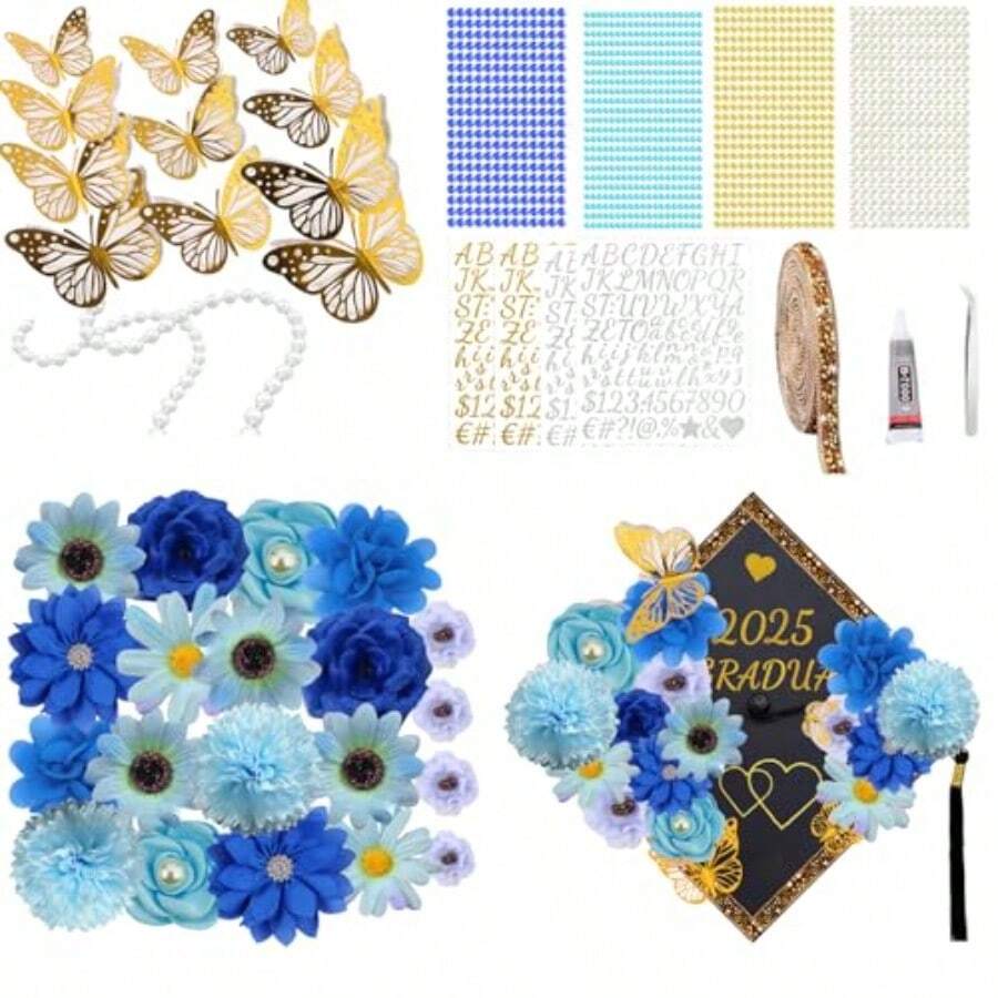 48 PCS DIY Graduation Cap Decorations Kit Grad Cap Faux Flowers With 3D Butterfly Rhinestones Stickers Alphabet Letter Stickers Designs Graduation Grad Hats Topper For Grad Party Decor 03 Bule - 03 Foreigner - View 1