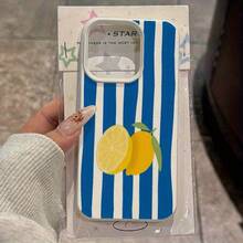 Funda protectora de TPU a prueba de golpes con patrón de rayas azules y limones amarillos para iPhone 16 PRO MAX, 1416 PLUS, 1513 Pro, 1211, muy de moda - Blanco antiguo - Ver 1